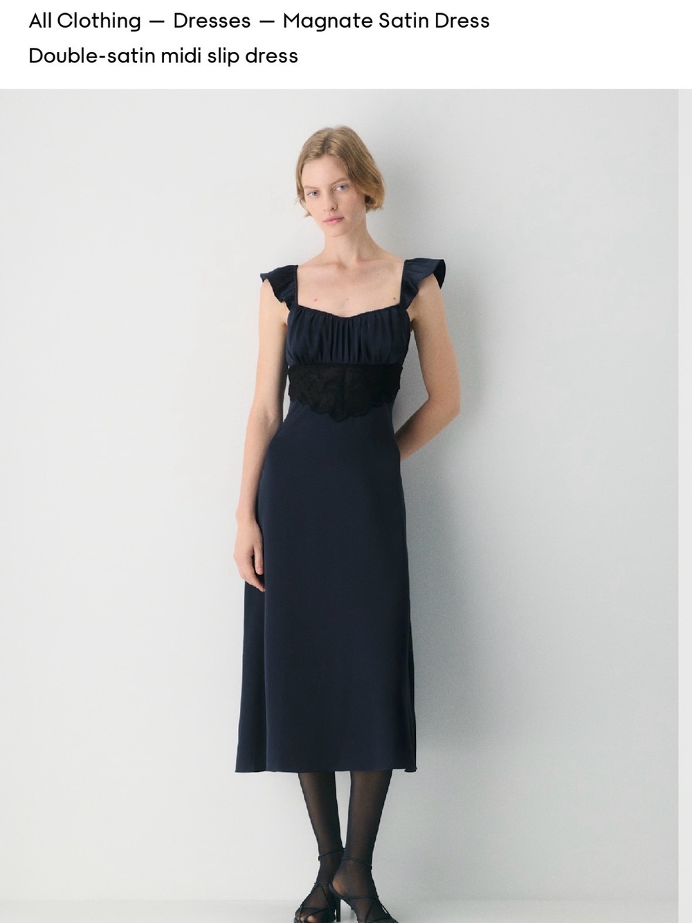Aritzia Navy Satin Midi Dress with Lace Waist